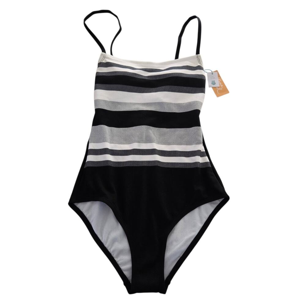 NEW Kona Sol MEDIUM High Coverage Striped One Piece Swimsuit Minimalist Prep